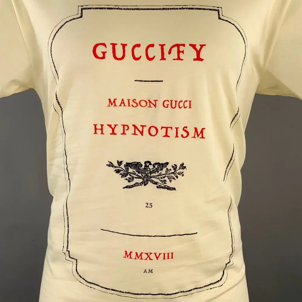GUCCI Size S Guccify Hypnotism Cream Red Black Print Cotton Crew Neck T-shirt